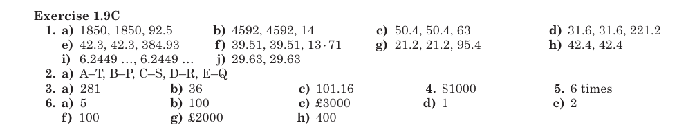 Answers for Exercise 1.9C