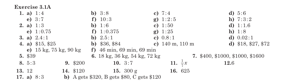 Answers for Exercise 3.1A